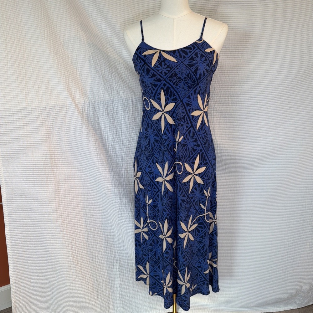 Avanti Vtg Silk Hawaiian Floral Slip Dress Blue Tropical Midi Spaghetti Strap M